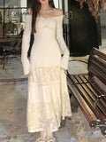 2024 Spring Elegant Knitted Dress Women Lace Patchwork Koeran Princess Midi Female Casual Sweet