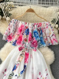 2024 Summer Gorgeous Flower Chiffon Holiday Dress Women’s Sexy Off The Shoulder Print Elastic