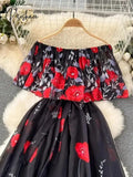 2024 Summer Gorgeous Flower Chiffon Holiday Dress Women’s Sexy Off The Shoulder Print Elastic