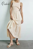 2024 Summer New Cotton Maxi Dress Open Back Cross Sleeveless Holiday Solid Color Lace Up Ankle