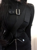 2024 Summer New Slim Fit Zipper Long Sleeve Black Tops Women + Drawstring Ruched High Waist Shorts