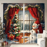 2PCS Christmas Vintage Wooden Cabin Cute Snowman Decorative Curtains, Rod Pocket Decorative Light-Filtering Kitchen Living Room Office Bedroom Home Decor Curtains