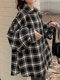 Women's Plus Size Plaid Shirt, Polyester Blend, Button-Down, Non-Stretch, Seasonal, Casual Top, Oversized, Korean Style, Checkered Pattern, Woven Fabric