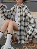 Women's Plus Size Plaid Shirt, Polyester Blend, Button-Down, Non-Stretch, Seasonal, Casual Top, Oversized, Korean Style, Checkered Pattern, Woven Fabric