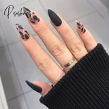 24 Pcs Pointed Fake Nails Dark Black Y2K Style False Nail Tips Wearable Full Cover Press On For