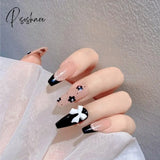 24 Pcs Pointed Fake Nails Dark Black Y2K Style False Nail Tips Wearable Full Cover Press On For