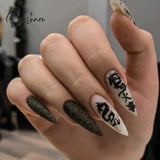 24 Pcs Pointed Fake Nails Dark Black Y2K Style False Nail Tips Wearable Full Cover Press On For