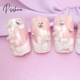 24 Pcs/Set Wedding Bride Full Nails Tips With Glue Flowers Shining 3D Diamond Rhinestone Fake Nail