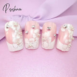 24 Pcs/Set Wedding Bride Full Nails Tips With Glue Flowers Shining 3D Diamond Rhinestone Fake Nail