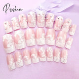 24 Pcs/Set Wedding Bride Full Nails Tips With Glue Flowers Shining 3D Diamond Rhinestone Fake Nail