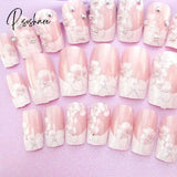 24 Pcs/Set Wedding Bride Full Nails Tips With Glue Flowers Shining 3D Diamond Rhinestone Fake Nail