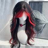 24-Inch Women's Wig with Red Highlights & Black Wavy Long Curly Hair, Heat-Resistant Synthetic Fiber, Elegant Golden Chain & Pearl Accents, Perfect for Parties, Cosplay, and Casual Attire, All Head Sizes Rose Net Cap, Fashion