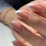 24Pcs/Box Detachable Fake Nails French Manicure Oval Head White And Silver Rim Design Artificial