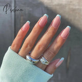 24Pcs/Box Detachable Fake Nails French Manicure Oval Head White And Silver Rim Design Artificial