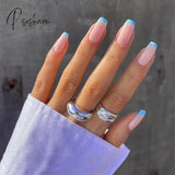 24Pcs/Box Detachable Fake Nails French Manicure Oval Head White And Silver Rim Design Artificial