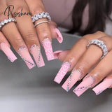 24Pcs/Box Pink French False Nails With Jelly Glue Rhinestone Fake Nail Tips Detachable Acrylic