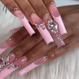 24Pcs/Box Pink French False Nails With jelly Glue rhinestone Fake Nail Tips Detachable Acrylic Coffin Bow Press On Nails