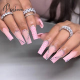 24Pcs/Box Pink French False Nails With Jelly Glue Rhinestone Fake Nail Tips Detachable Acrylic