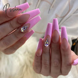 24Pcs/Box Pink French False Nails With Jelly Glue Rhinestone Fake Nail Tips Detachable Acrylic