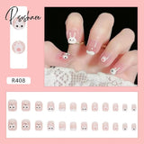 24Pcs/Box Press On False Nails Cute Bunny Nail Art Wearable Fake Short Square With Wearing Tools As