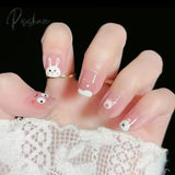 24pcs/box Press On False Nails Cute Bunny Nail Art Wearable Fake Nails Short Square Nails With Wearing Tools As Gift