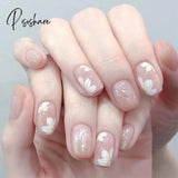 24Pcs Camellia Flower Fake Nail Patch Short Style False Nails Decoration Pieces For Girl Women