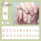 24Pcs Camellia Flower Fake Nail Patch Short Style False Nails Decoration Pieces For Girl Women