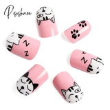 24Pcs Child Small False Nail Little Fingers Fake Miss Short Nails Girl Full Cover Lovely Cartoon Cat