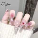 24Pcs Coffin Press On Nail Pink Heart 3D Rhinestone Decor False Patch Wearable Fulll Finished