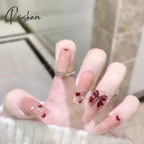 24Pcs Coffin Press On Nail Pink Heart 3D Rhinestone Decor False Patch Wearable Fulll Finished