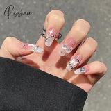 24Pcs Coffin Press On Nail Pink Heart 3D Rhinestone Decor False Patch Wearable Fulll Finished