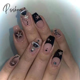 24Pcs Comic Style False Nails Black Dragon Design Wearable Ballerina Fake With Glue Full Cover Nail