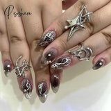 24Pcs Comic Style False Nails Black Dragon Design Wearable Ballerina Fake With Glue Full Cover Nail