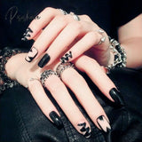 24Pcs Fake Black Nails Press On Overhead With Sticker Short And Long Shape Cute Nail Art Tools For