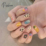 24Pcs Fake Nail Patch Cute Short Cow Butterfly Printed False Full Finished For Girl Art Tips Press