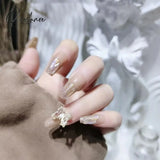 24Pcs Fake Nails Fairy Gold Butterfly False Nail Patch Round Head Glitter Acrylic Tips For Girl