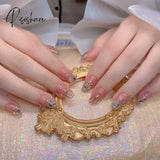 24Pcs Fake Nails Fairy Gold Butterfly False Nail Patch Round Head Glitter Acrylic Tips For Girl