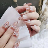 24Pcs Fake Nails Fairy Gold Butterfly False Nail Patch Round Head Glitter Acrylic Tips For Girl