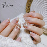 24Pcs Fake Nails Fairy Gold Butterfly False Nail Patch Round Head Glitter Acrylic Tips For Girl