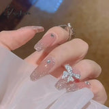 24PCS Fake Nails with Shiny Bow Diamond Design  Long Coffin Head French Style Press on Nails Wearable Full Finished Nail Patches