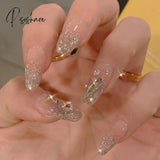 24Pcs Fake Nails With Shiny Bow Diamond Design Long Coffin Head French Style Press On Wearable Full