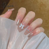 24Pcs Fake Nails With Shiny Bow Diamond Design Long Coffin Head French Style Press On Wearable Full