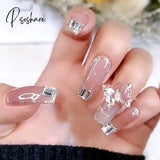 24Pcs Fake Nails With Shiny Bow Diamond Design Long Coffin Head French Style Press On Wearable Full