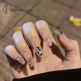 24Pcs Fake Nails With Shiny Bow Diamond Design Long Coffin Head French Style Press On Wearable Full