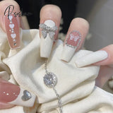 24Pcs Fake Nails With Shiny Bow Diamond Design Long Coffin Head French Style Press On Wearable Full