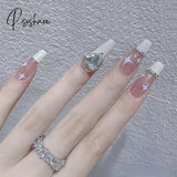 24Pcs Fake Nails With Shiny Bow Diamond Design Long Coffin Head French Style Press On Wearable Full