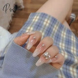 24Pcs Fake Nails With Shiny Bow Diamond Design Long Coffin Head French Style Press On Wearable Full