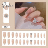 24Pcs Fake Nails With Shiny Bow Diamond Design Long Coffin Head French Style Press On Wearable Full