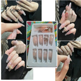 24Pcs Fake Nails With Shiny Bow Diamond Design Long Coffin Head French Style Press On Wearable Full