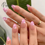 24Pcs False Press On Nails Pink Color Oval Head Mid-Length Wear Finished Product Wearable Full